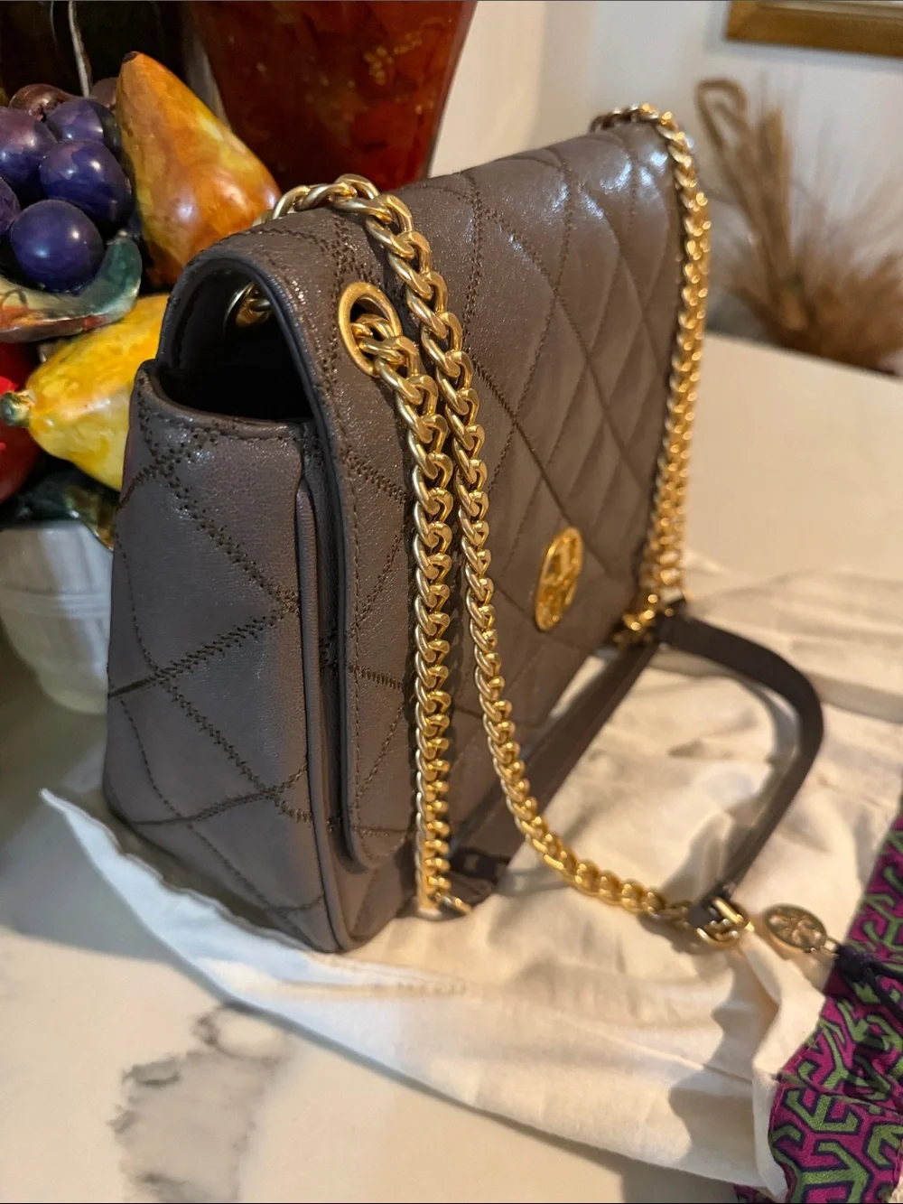 Tory Burch Quilted Leather Shoulder Bag in Taupe with Gold Hardware Beautifulbag